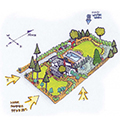 Color diagram showing garden layout with shade tree considerations. Illustration by Richard Martin III.